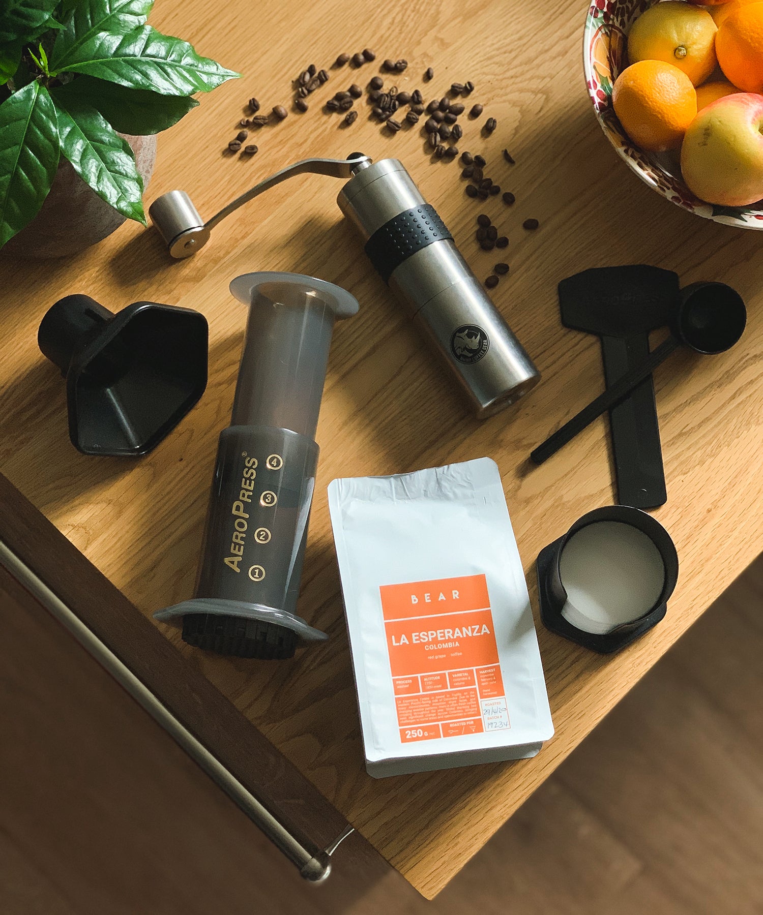 BEAR coffee, AeroPress and Rhinoware hand coffee grinder